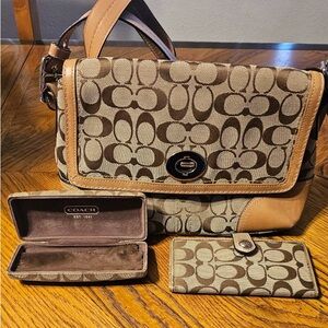 Coach Tan and Brown Signature Shoulder Bag, wallet and glasses case